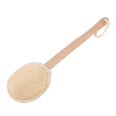 Dual sided natural loofah back scrubber with wooden handle by Spongean